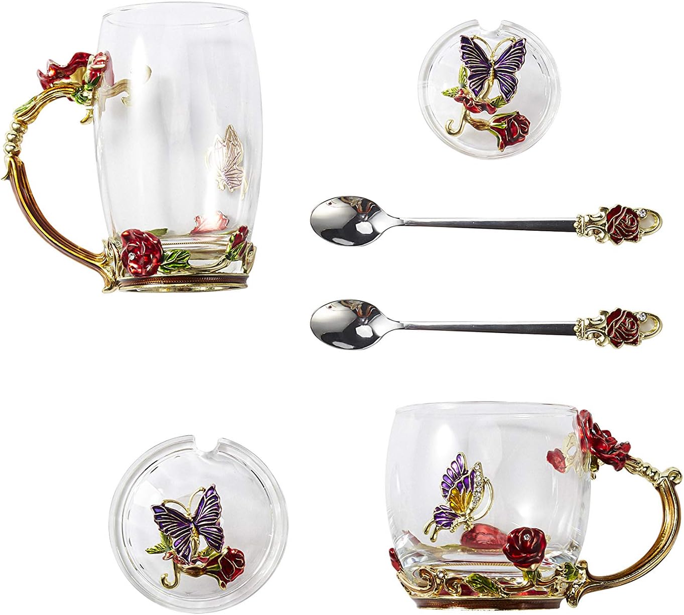 Glass Teacup, 12 oz, Rose Red, Drinking Cup with Lid, Spoon, Coaster, and Cleaning Cloth, Reusable, Floral Design, Perfect for Hot and Cold Drinks, Gift for Women