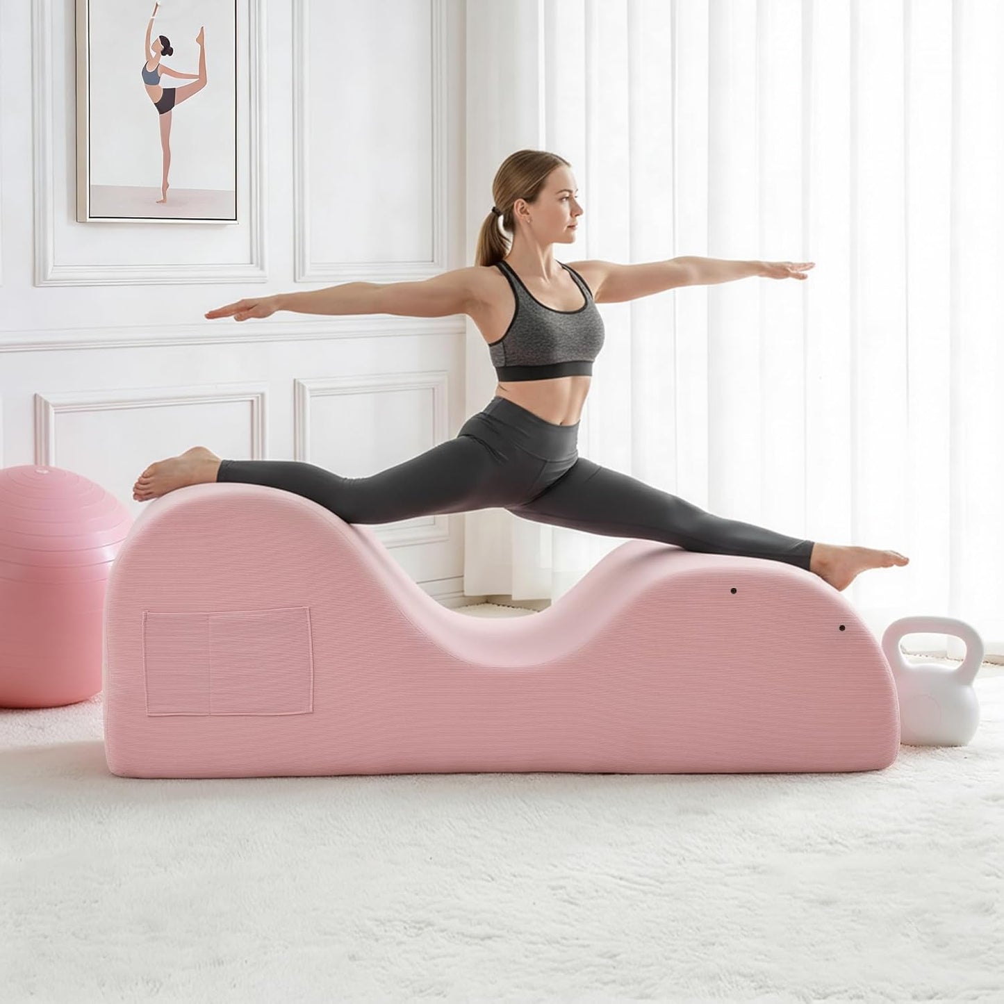 DRMBOOK Yoga Chairs for Adults, Corduroy Fabric Chaise Lounge with Headrest, Boneless Yoga Sofa Couch with Waist Cushion, Movable Footrest, Side Pockets for Relaxation Exercise Stretching