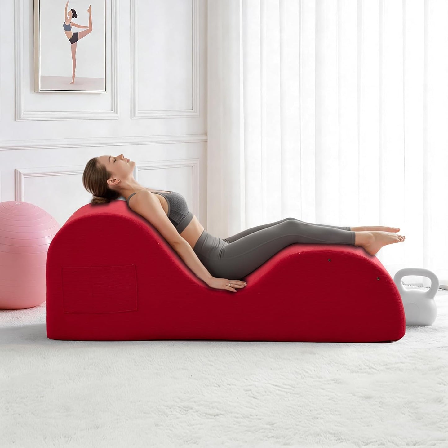 DRMBOOK Yoga Chairs for Adults, Corduroy Fabric Chaise Lounge with Headrest, Boneless Yoga Sofa Couch with Waist Cushion, Movable Footrest, Side Pockets for Relaxation Exercise Stretching