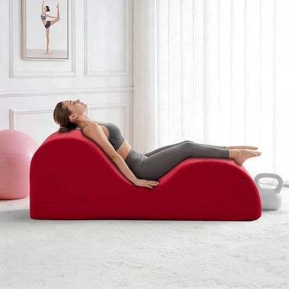 DRMBOOK Yoga Chairs for Adults, Corduroy Fabric Chaise Lounge with Headrest, Boneless Yoga Sofa Couch with Waist Cushion, Movable Footrest, Side Pockets for Relaxation Exercise Stretching