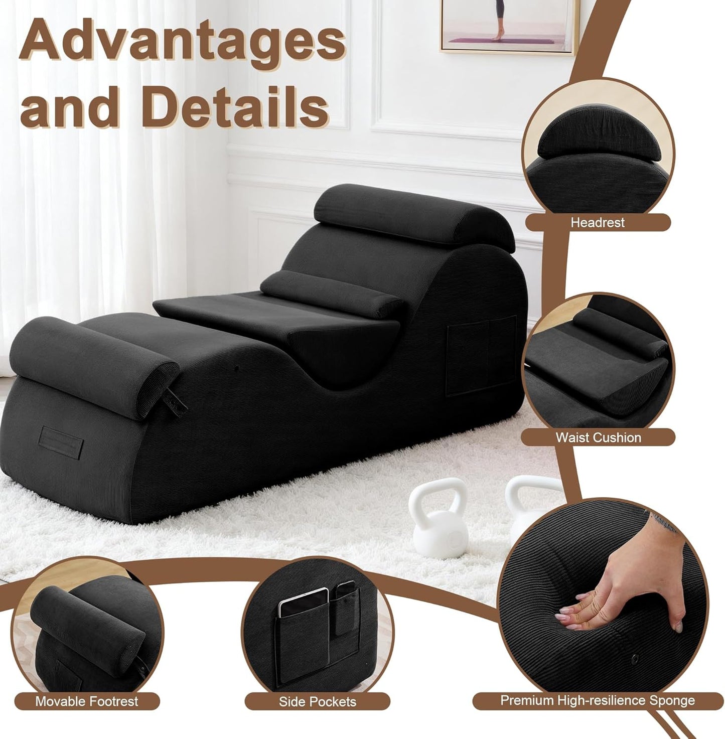 DRMBOOK Yoga Chairs for Adults, Corduroy Fabric Chaise Lounge with Headrest, Boneless Yoga Sofa Couch with Waist Cushion, Movable Footrest, Side Pockets for Relaxation Exercise Stretching