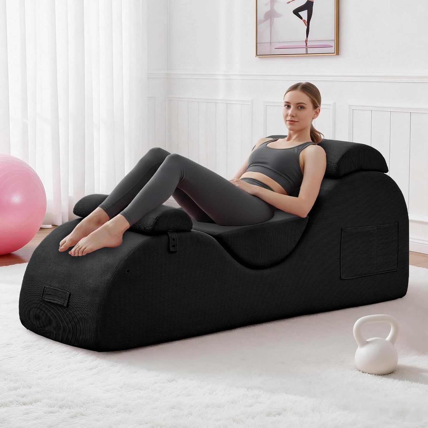 DRMBOOK Yoga Chairs for Adults, Corduroy Fabric Chaise Lounge with Headrest, Boneless Yoga Sofa Couch with Waist Cushion, Movable Footrest, Side Pockets for Relaxation Exercise Stretching