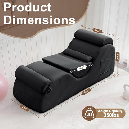 DRMBOOK Yoga Chairs for Adults, Corduroy Fabric Chaise Lounge with Headrest, Boneless Yoga Sofa Couch with Waist Cushion, Movable Footrest, Side Pockets for Relaxation Exercise Stretching