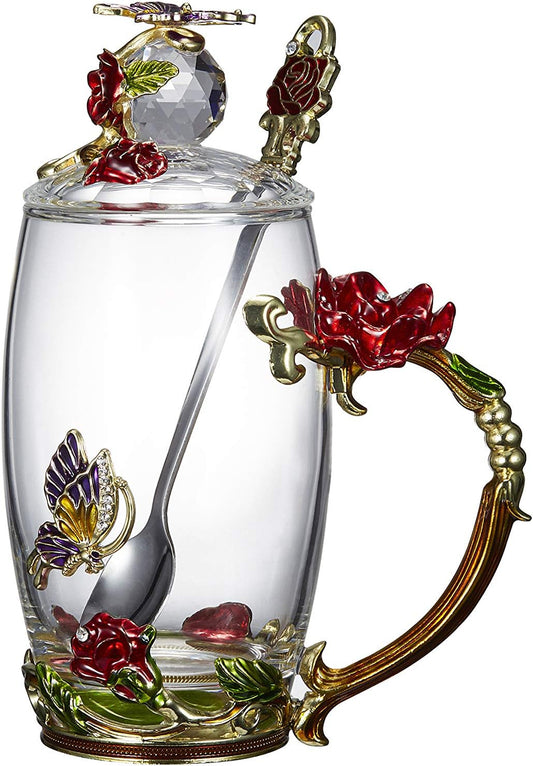 Glass Teacup, 12 oz, Rose Red, Drinking Cup with Lid, Spoon, Coaster, and Cleaning Cloth, Reusable, Floral Design, Perfect for Hot and Cold Drinks, Gift for Women