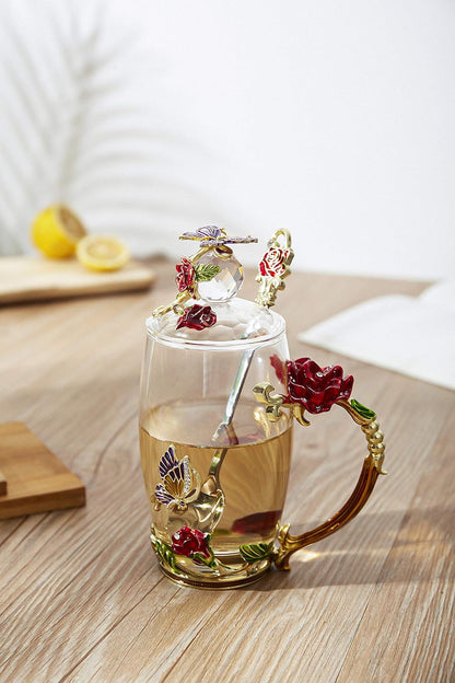 Glass Teacup, 12 oz, Rose Red, Drinking Cup with Lid, Spoon, Coaster, and Cleaning Cloth, Reusable, Floral Design, Perfect for Hot and Cold Drinks, Gift for Women