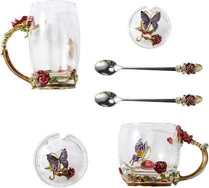 Glass Teacup, 12 oz, Rose Red, Drinking Cup with Lid, Spoon, Coaster, and Cleaning Cloth, Reusable, Floral Design, Perfect for Hot and Cold Drinks, Gift for Women