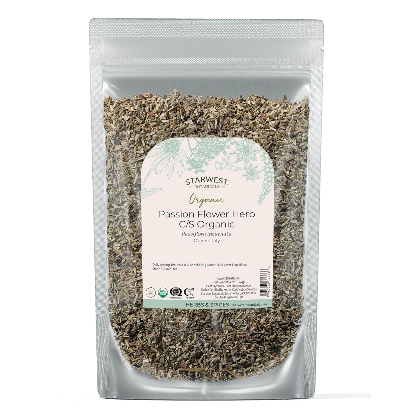 Starwest Botanicals Organic Passion Flower - Dried Loose Leaf Herb for Tea, Herbal Blends, & Smoothies, Natural Passiflora Incarnata, Cut & Sifted, Certified Kosher, Non-GMO - 4 oz Pouch