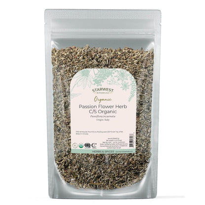 Starwest Botanicals Organic Passion Flower - Dried Loose Leaf Herb for Tea, Herbal Blends, & Smoothies, Natural Passiflora Incarnata, Cut & Sifted, Certified Kosher, Non-GMO - 4 oz Pouch