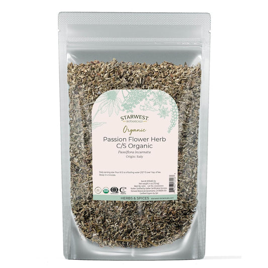 Starwest Botanicals Organic Passion Flower - Dried Loose Leaf Herb for Tea, Herbal Blends, & Smoothies, Natural Passiflora Incarnata, Cut & Sifted, Certified Kosher, Non-GMO - 4 oz Pouch